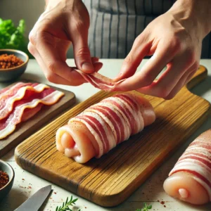 Assembling chicken mignons by rolling up the chicken tightly and wrapping it with a bacon rasher