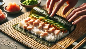 making chicken shushi that includes bamboo mat, nori, seasoned rice and chicken being rolled