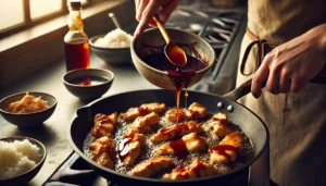 Frying chicken strips and adding teriyaki sauce