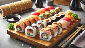 Sushi rolls with a variety of fillings, including salmon, tuna and chicken