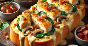 Elevate your Chicken Alfredo Garlic Bread by incorporating mushrooms, spinach, or bacon