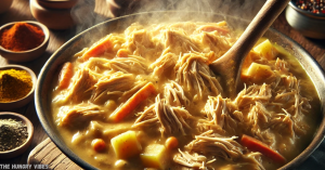 Shredded chicken being mixed into a creamy curry sauce